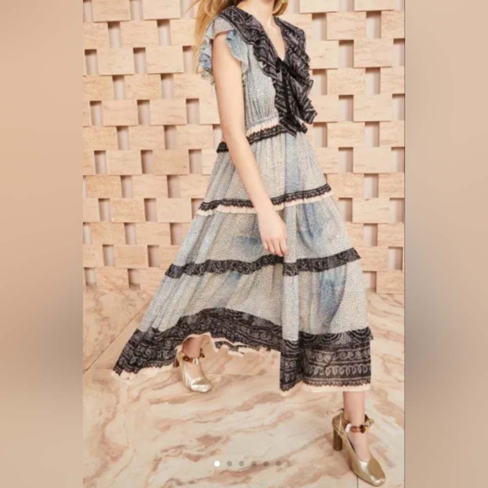 Ulla Johnson Blue and Black Tiered Ruffled w/Silver Threads Dress